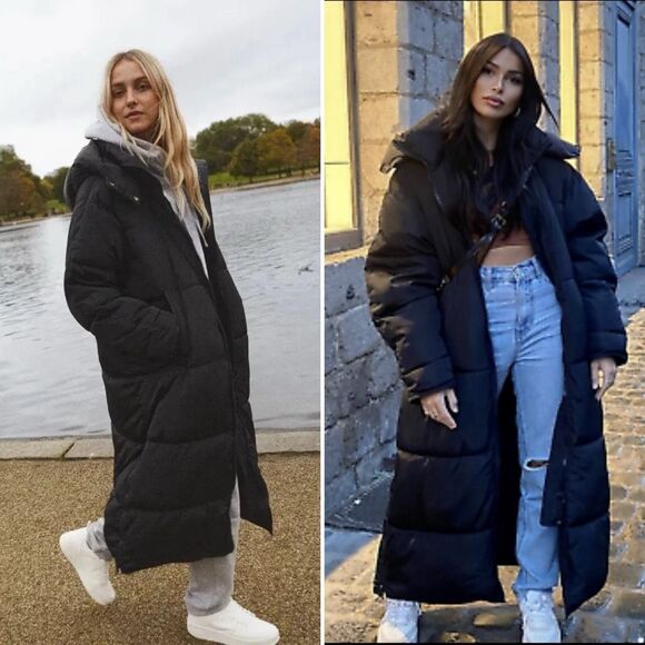 ZARA TRF Extra Long Black Puffer Coat Hooded Maxi Down Jacket S Water Repellent - Picture 2 of 16